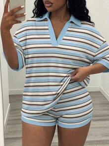 Slaydiva 大尺碼夏季休閒條紋T恤與短褲兩件套 - 彩色 - 查看 9