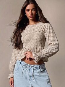 Athîral 女款格紋百褶休閒百搭日常長袖上衣 - 彩色 - 查看 5