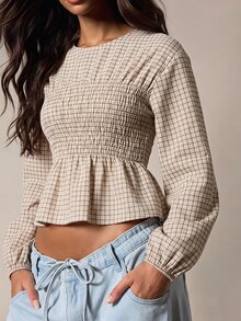 Athîral 女款格紋百褶休閒百搭日常長袖上衣 - 彩色 - 查看 2