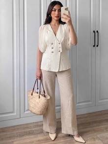 Duskaine Women's Summer Elegant Casual Commute Teachers' Day Pleated Chiffon Draped Sleeve Waist-Cinching Off-White V-Neck Short Sleeve Blazer Office Brunch - Apricot - View 3