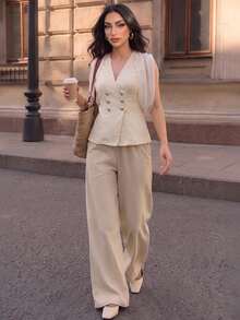 Duskaine Women's Summer Elegant Casual Commute Teachers' Day Pleated Chiffon Draped Sleeve Waist-Cinching Off-White V-Neck Short Sleeve Blazer Office Brunch - Apricot - View 4