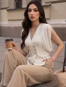 Duskaine Women's Summer Elegant Casual Commute Teachers' Day Pleated Chiffon Draped Sleeve Waist-Cinching Off-White V-Neck Short Sleeve Blazer Office Brunch - Apricot - View 1