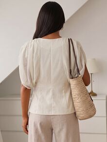 Duskaine Women's Summer Elegant Casual Commute Teachers' Day Pleated Chiffon Draped Sleeve Waist-Cinching Off-White V-Neck Short Sleeve Blazer Office Brunch - Apricot - View 2