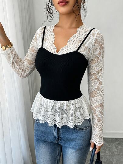 SHEIN Elenzya Elegante y exquisita camiseta 2 en 1 para mujer con patchwork de encaje en contraste de color, manga larga de encaje transparente, cuello en V, cintura ceñida y bajo con volantes, top corto