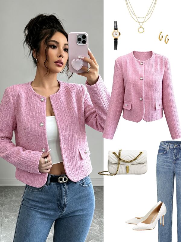 Elenzga Women's Autumn New Elegant Premium Shiny Tweed Pearl Metal Button Classic Round Neck Long Sleeve Loose Short Jacket