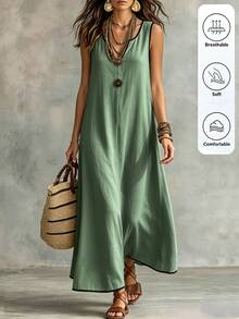 Omancia Vestido casual de verano para mujer, largo, sin mangas, con cuello en V y ribete negro de color contrastante, para vacaciones - Verde Niebla - Ver 3