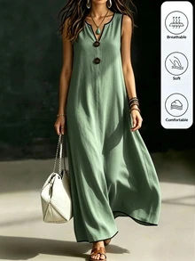 Omancia Vestido casual de verano para mujer, largo, sin mangas, con cuello en V y ribete negro de color contrastante, para vacaciones - Verde Niebla - Ver 1