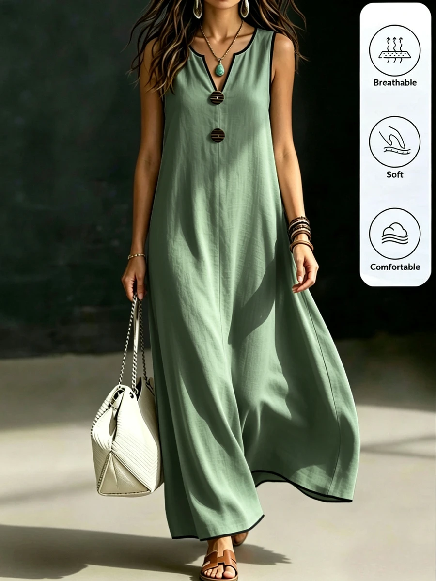 Omancia Vestido casual de verano para mujer, largo, sin mangas, con cuello en V y ribete negro de color contrastante, para vacaciones - Verde Niebla - Ver 1