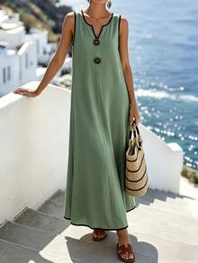 Omancia Vestido casual de verano para mujer, largo, sin mangas, con cuello en V y ribete negro de color contrastante, para vacaciones - Verde Niebla - Ver 5