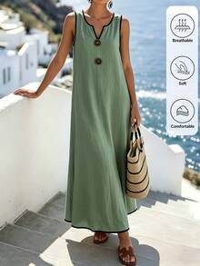 Omancia Vestido casual de verano para mujer, largo, sin mangas, con cuello en V y ribete negro de color contrastante, para vacaciones - Verde Niebla - Ver 7