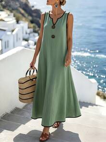 Omancia Vestido casual de verano para mujer, largo, sin mangas, con cuello en V y ribete negro de color contrastante, para vacaciones - Verde Niebla - Ver 8