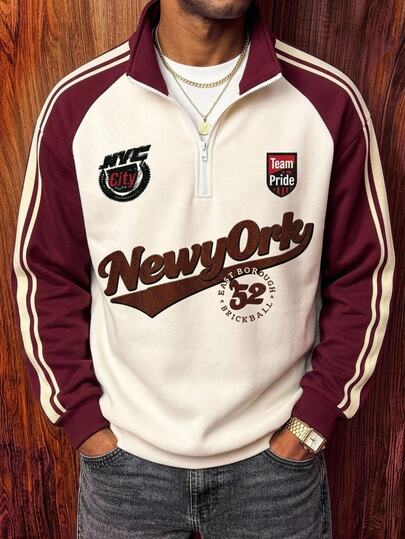 Aesthetic Post Sudadera tipo jersey con capucha, cuello alto y media cremallera, estilo varsity americano vintage, color block a rayas, estampado de insignia con letra, chaqueta de manga larga streetwear universitario, top pullover gráfico para hombre y mujer, moda casual de otoño/invierno para viajes y deportes