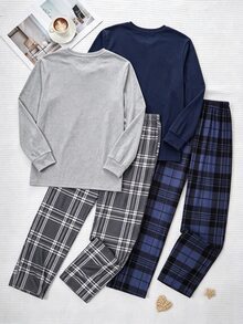 2套男士居家服套裝，純色刺繡長袖上衣搭配格紋長褲，柔軟針織面料，舒適版型，適合秋冬 - 彩色 - 查看 2