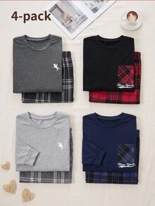2套男士居家服套裝，純色刺繡長袖上衣搭配格紋長褲，柔軟針織面料，舒適版型，適合秋冬 - 彩色 - 查看 1