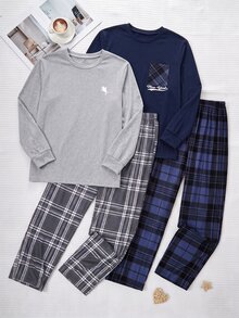 2套男士居家服套裝，純色刺繡長袖上衣搭配格紋長褲，柔軟針織面料，舒適版型，適合秋冬 - 彩色 - 查看 3