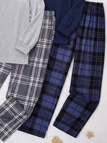 2套男士居家服套裝，純色刺繡長袖上衣搭配格紋長褲，柔軟針織面料，舒適版型，適合秋冬 - 彩色 - 查看 7