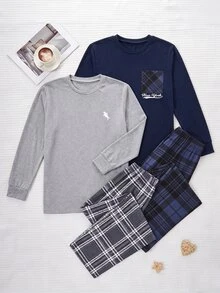 2套男士居家服套裝，純色刺繡長袖上衣搭配格紋長褲，柔軟針織面料，舒適版型，適合秋冬 - 彩色 - 查看 8