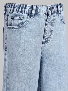 SHEIN 青少年女孩寬鬆版水洗淺藍色直筒牛仔褲，Y2K街頭風舒適彈性腰牛仔長褲，適合夏季休閒、上學與居家穿著 - 淺色水洗藍 - 查看 4
