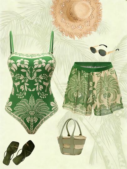Swim Oasis Bohemian Style, Vacation Vibe, Fun Tropical Plant Prints,Women's Floral Print Vacation Fashion One-Piece Swimsuit With Shorts Set