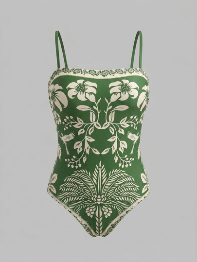 Swim Oasis Bohemian Style, Vacation Vibe, Fun Tropical Plant Prints,Women's Floral Print Vacation Fashion One-Piece Swimsuit With Shorts Set