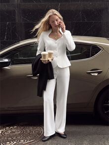 INAWLY Women's Solid Color White Elegant Stand Collar Blazer And Trousers Suit Set - White - View 3
