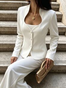 INAWLY Women's Solid Color White Elegant Stand Collar Blazer And Trousers Suit Set - White - View 1