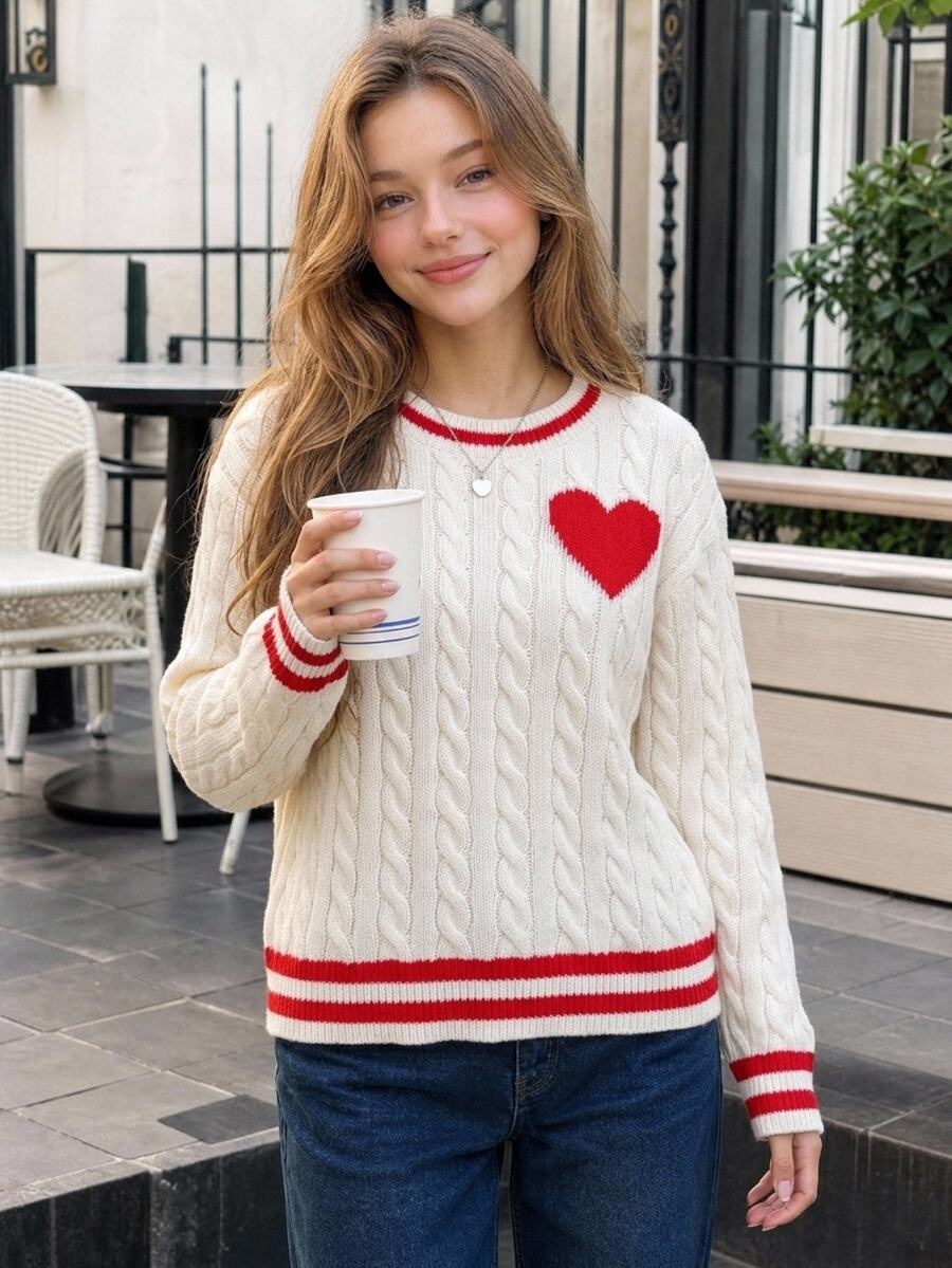 SHEIN Tween Girls Striped Colorblock Cable Knit V-Neck Lantern Sleeve Oversized Pullover Sweater, Suitable For Autumn/Winter And Outdoor Wear - White - View 1