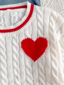 SHEIN 青少年女孩條紋拼接粗針編織V領燈籠袖寬鬆套頭毛衣，適合秋冬與戶外穿著 - 白色 - 查看 4