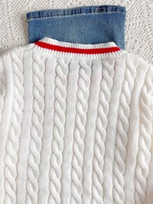 SHEIN 青少年女孩條紋拼接粗針編織V領燈籠袖寬鬆套頭毛衣，適合秋冬與戶外穿著 - 白色 - 查看 7