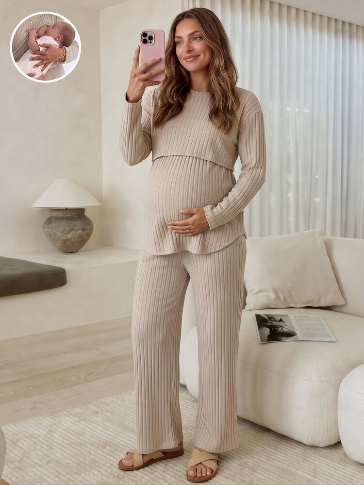Slowluna Maternity Solid Color Nursing Top And Adjustable Waist Long Pants Casual Daily 2 Pieces Set Fall - Apricot - View 2