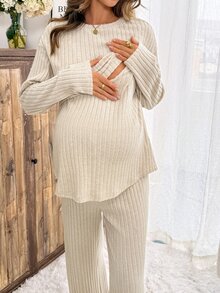 Slowluna 孕婦純色哺乳上衣與可調腰長褲休閒日常兩件套 秋季 - 杏色 - 查看 3