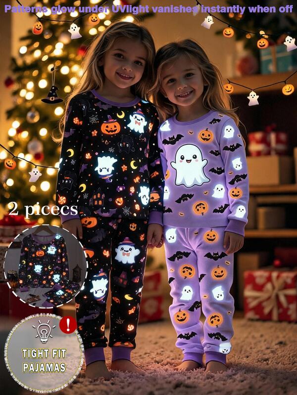 Tween Girls Pajamas New Flashlight Glow-In-The-Dark Halloween Theme Pumpkin, Ghost, Bat, Cat, Candy Pattern All-Over Print Knitted High Elasticity Crew Neck Tight Fit 2-Piece Set 1Set Tight Fit Pajama