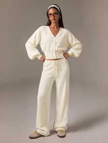 Athîral Women's Casual Cream  2pc Set V-Neck Lantern Sleeve Crop Cardigan & Drawstring Waist Knit Pants For Fall Winter,Going Out,Home - Apricot - View 1