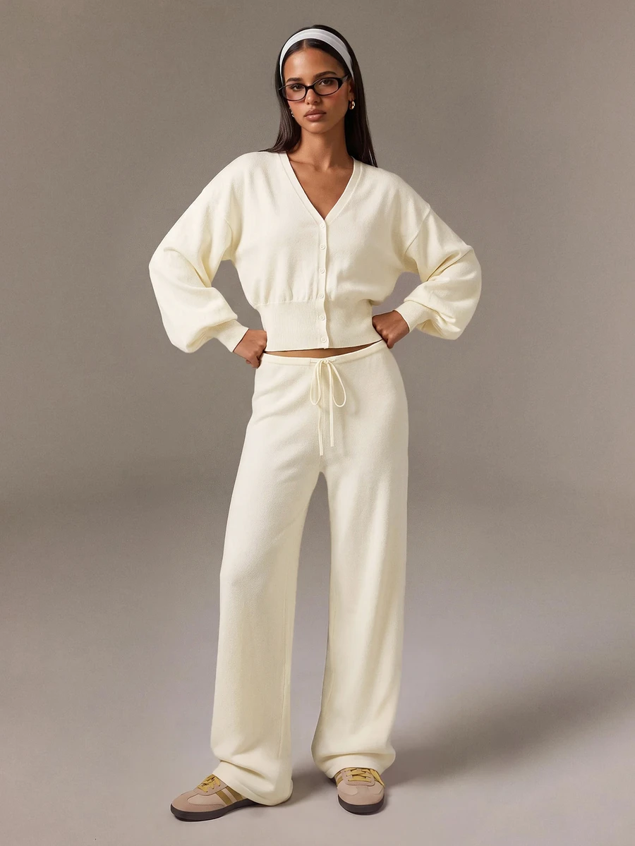 Athîral Women's Casual Cream 2pc Set V-Neck Lantern Sleeve Crop Cardigan & Drawstring Waist Knit Pants For Fall Winter,Going Out,Home - Apricot - View 1