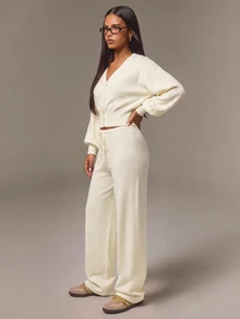 Athîral Women's Casual Cream  2pc Set V-Neck Lantern Sleeve Crop Cardigan & Drawstring Waist Knit Pants For Fall Winter,Going Out,Home - Apricot - View 5