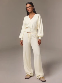 Athîral Women's Casual Cream  2pc Set V-Neck Lantern Sleeve Crop Cardigan & Drawstring Waist Knit Pants For Fall Winter,Going Out,Home - Apricot - View 4