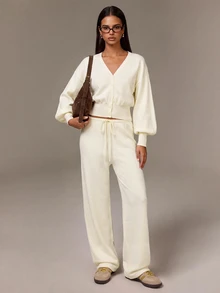 Athîral Women's Casual Cream  2pc Set V-Neck Lantern Sleeve Crop Cardigan & Drawstring Waist Knit Pants For Fall Winter,Going Out,Home - Apricot - View 9