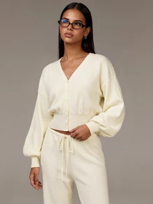 Athîral Women's Casual Cream  2pc Set V-Neck Lantern Sleeve Crop Cardigan & Drawstring Waist Knit Pants For Fall Winter,Going Out,Home - Apricot - View 3