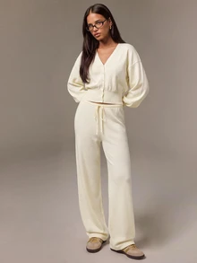 Athîral Women's Casual Cream  2pc Set V-Neck Lantern Sleeve Crop Cardigan & Drawstring Waist Knit Pants For Fall Winter,Going Out,Home - Apricot - View 7