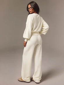 Athîral Women's Casual Cream  2pc Set V-Neck Lantern Sleeve Crop Cardigan & Drawstring Waist Knit Pants For Fall Winter,Going Out,Home - Apricot - View 2