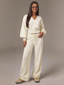 Athîral Women's Casual Cream  2pc Set V-Neck Lantern Sleeve Crop Cardigan & Drawstring Waist Knit Pants For Fall Winter,Going Out,Home - Apricot - View 6