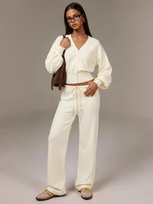 Athîral Women's Casual Cream  2pc Set V-Neck Lantern Sleeve Crop Cardigan & Drawstring Waist Knit Pants For Fall Winter,Going Out,Home - Apricot - View 8