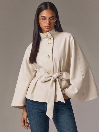 Athîral Mock Neck Cloak Sleeve Belted Trench Coat
