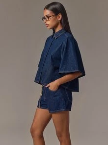 Athîral Denim Kemeja Denim Lengan Kelelawar - Biru - View 7
