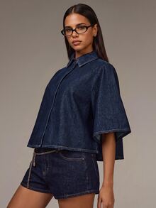 Athîral Denim Kemeja Denim Lengan Kelelawar - Biru - View 5