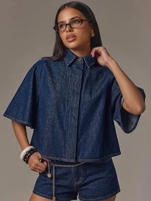 Athîral Denim Kemeja Denim Lengan Kelelawar - Biru - View 8