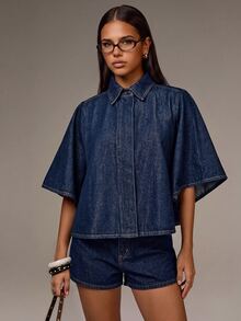Athîral Denim Kemeja Denim Lengan Kelelawar - Biru - View 4