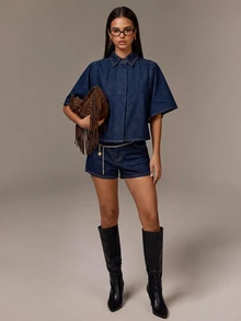 Athîral Denim Kemeja Denim Lengan Kelelawar - Biru - View 6