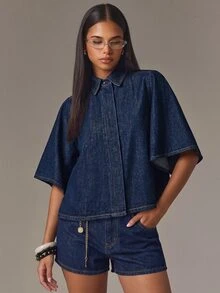 Athîral Denim Kemeja Denim Lengan Kelelawar - Biru - View 1