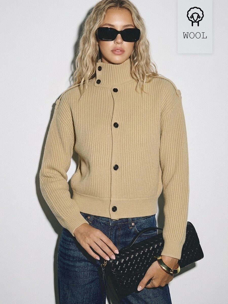 ATUI Studio Women's Funnel Neck Cardigan Soft Wool Blend Knit Jacket ...